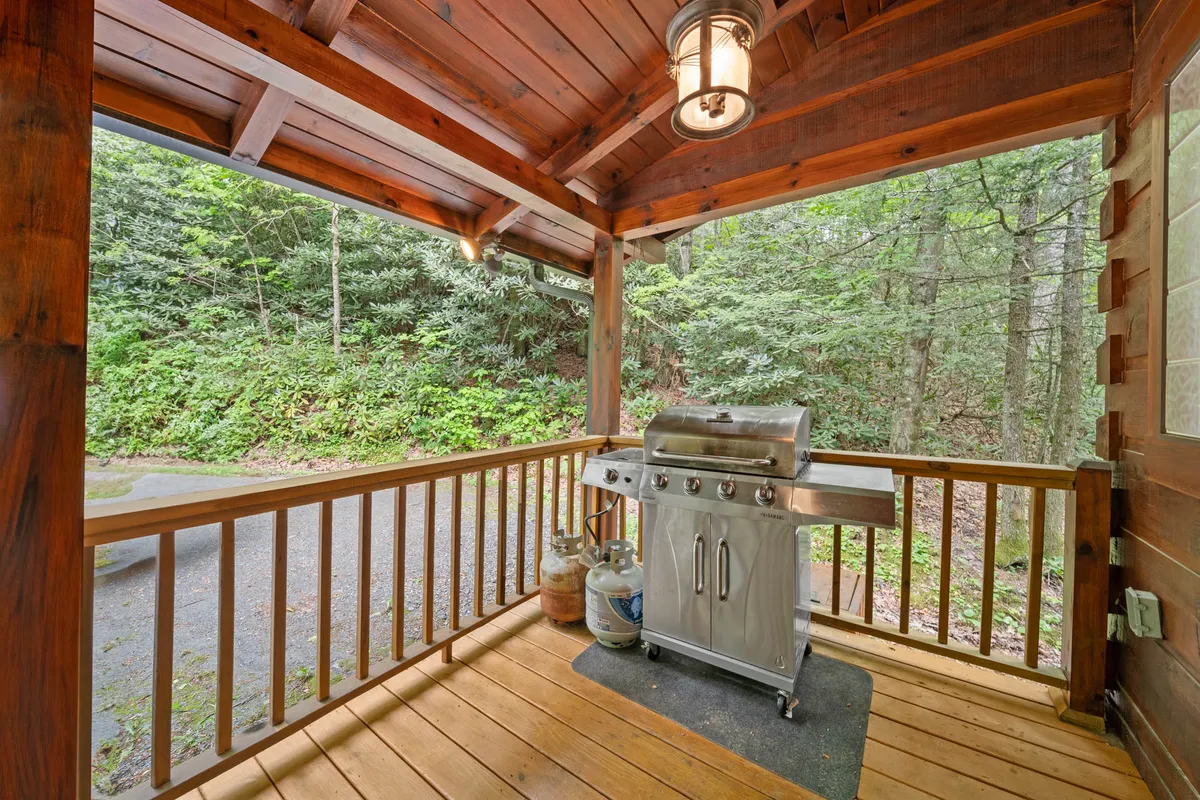A casual outdoor deck scene featuring a grill, wooden railing, and lush greenery, inviting guests to enjoy BBQs and al fresco dining. The atmosphere is relaxed and social, echoing the sounds and sights described in the section.